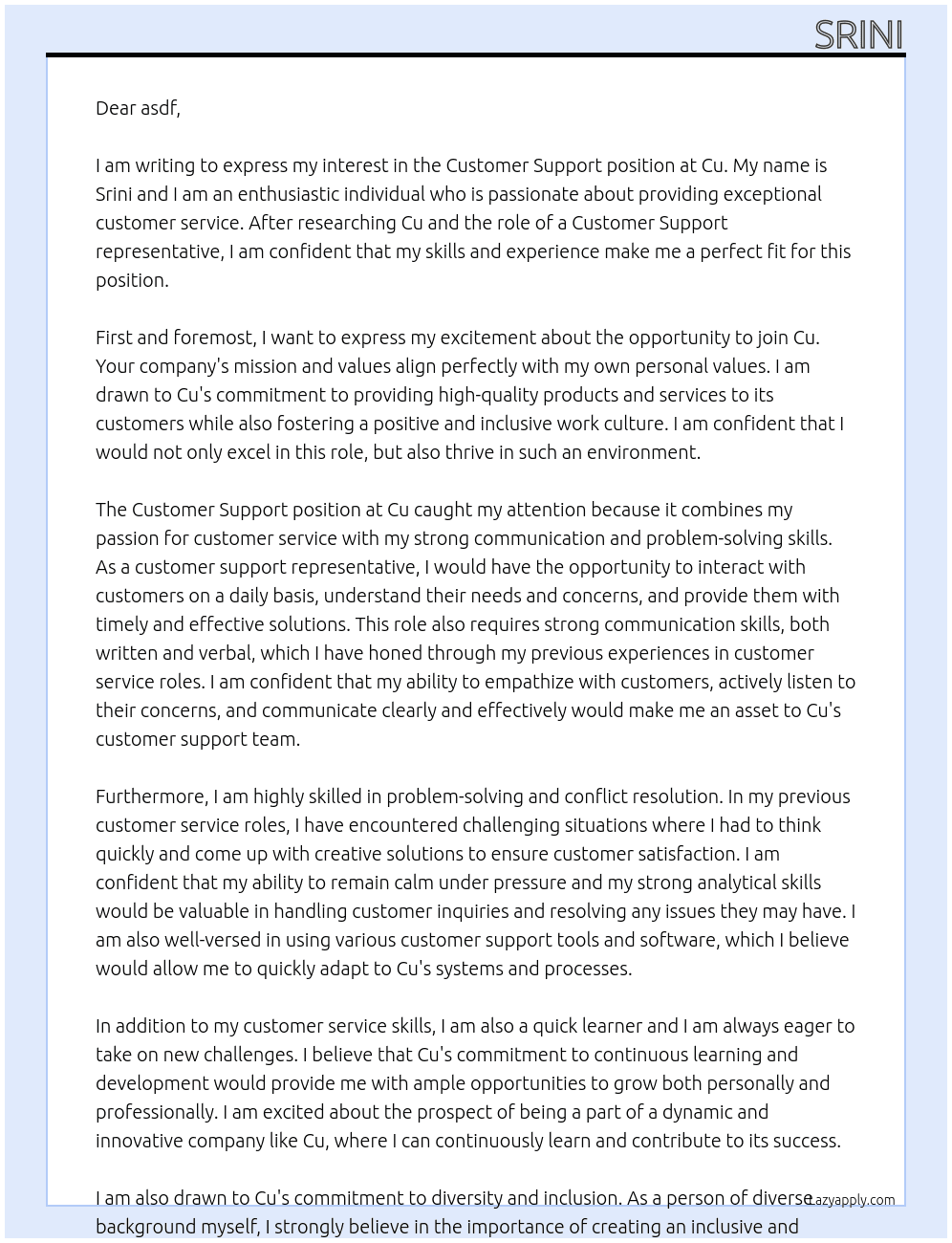 Customer Support At Cu Cover Letter