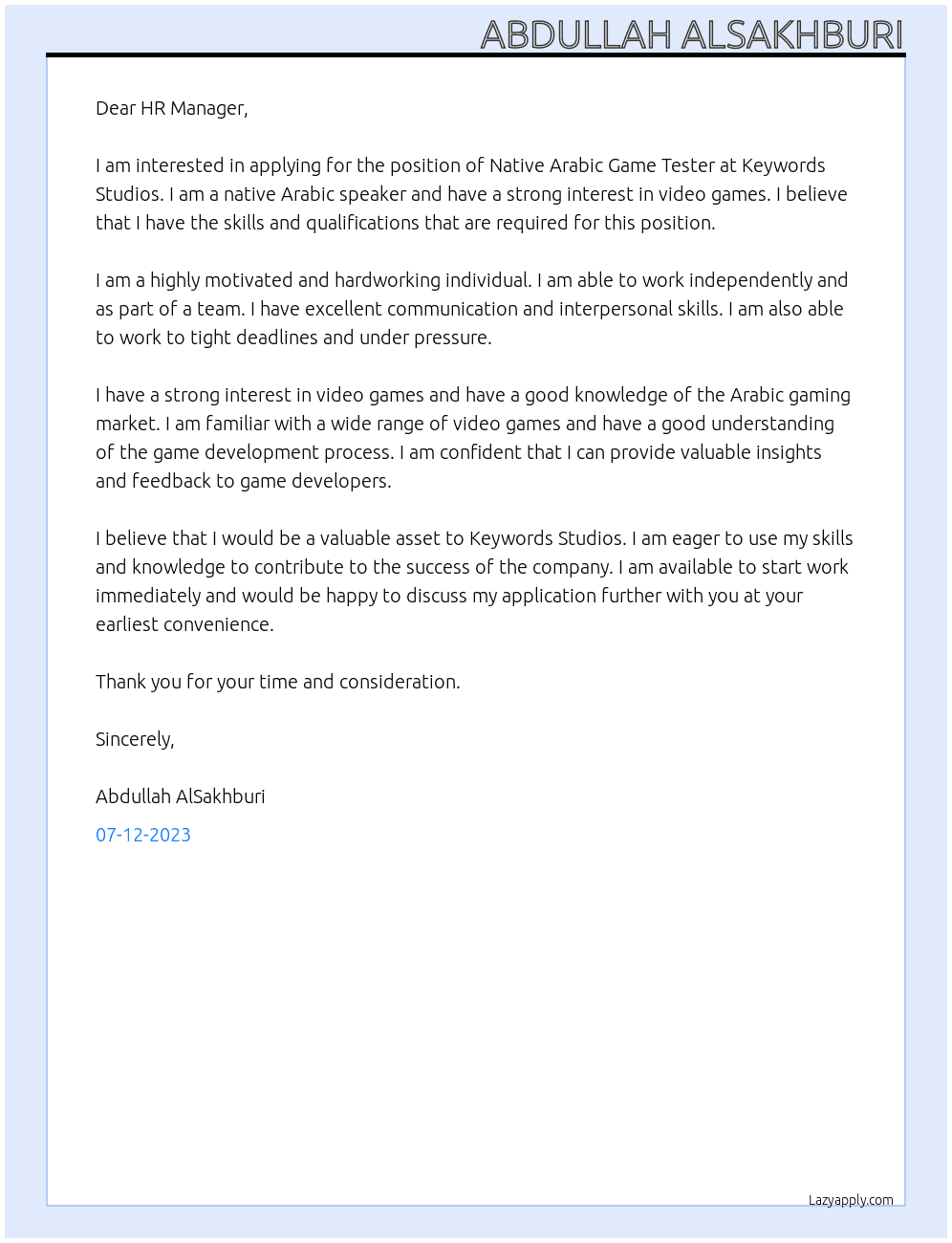 Native Arabic Game Testers At Keywords Studios Cover Letter