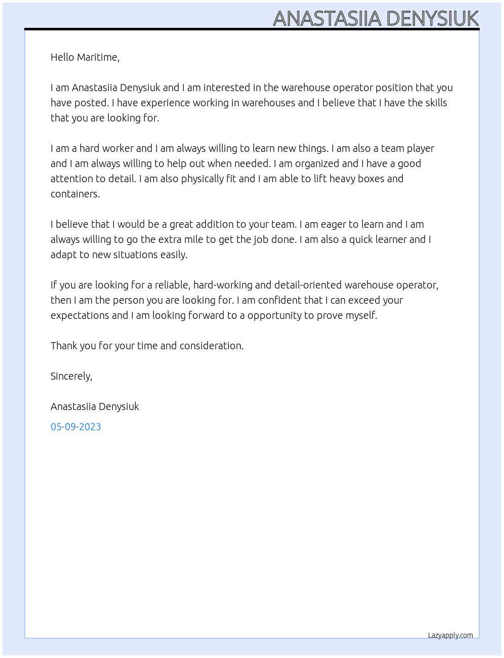 warehouse operator At Maritime Cover Letter