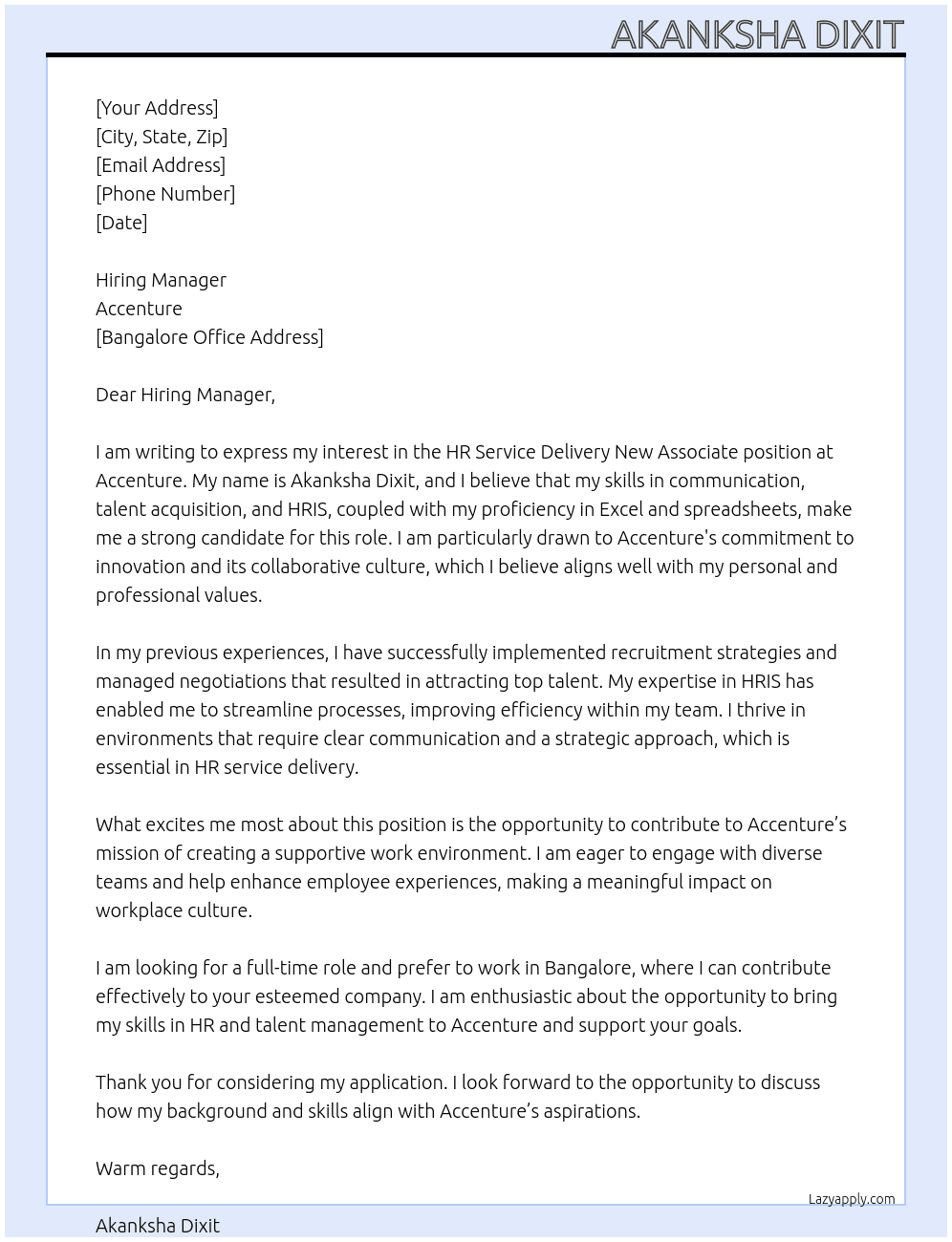HR Service delivery new associate At Acenture Cover Letter