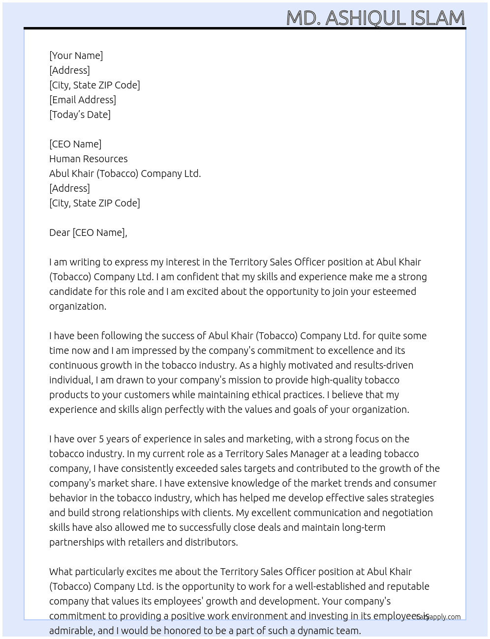 Territory Sales Officer At Abul Khair (Tobacco) Company Ltd. Cover Letter
