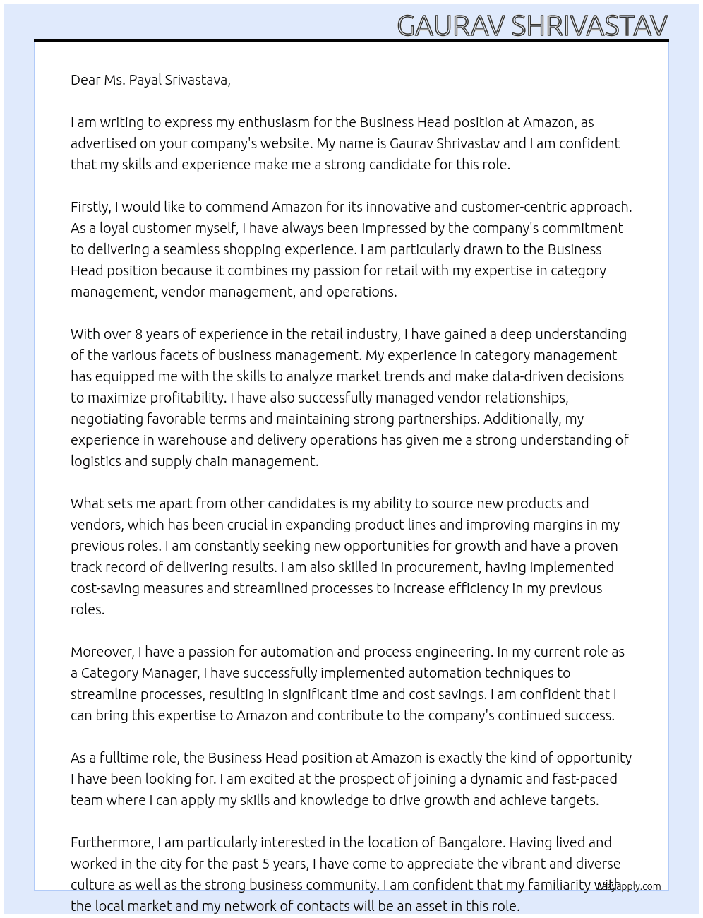 business head At amazon Cover Letter