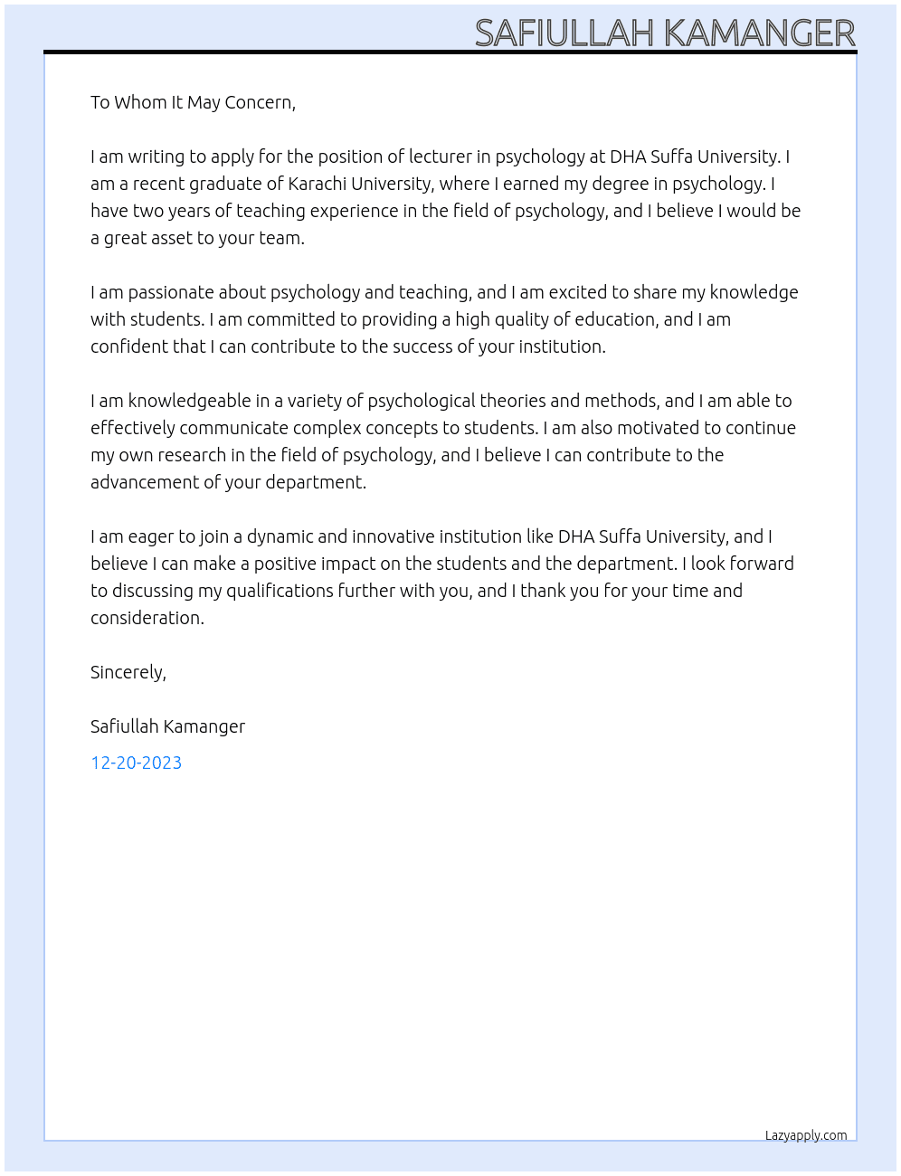 Lecturer Psychology At DHA Suffa University Cover Letter