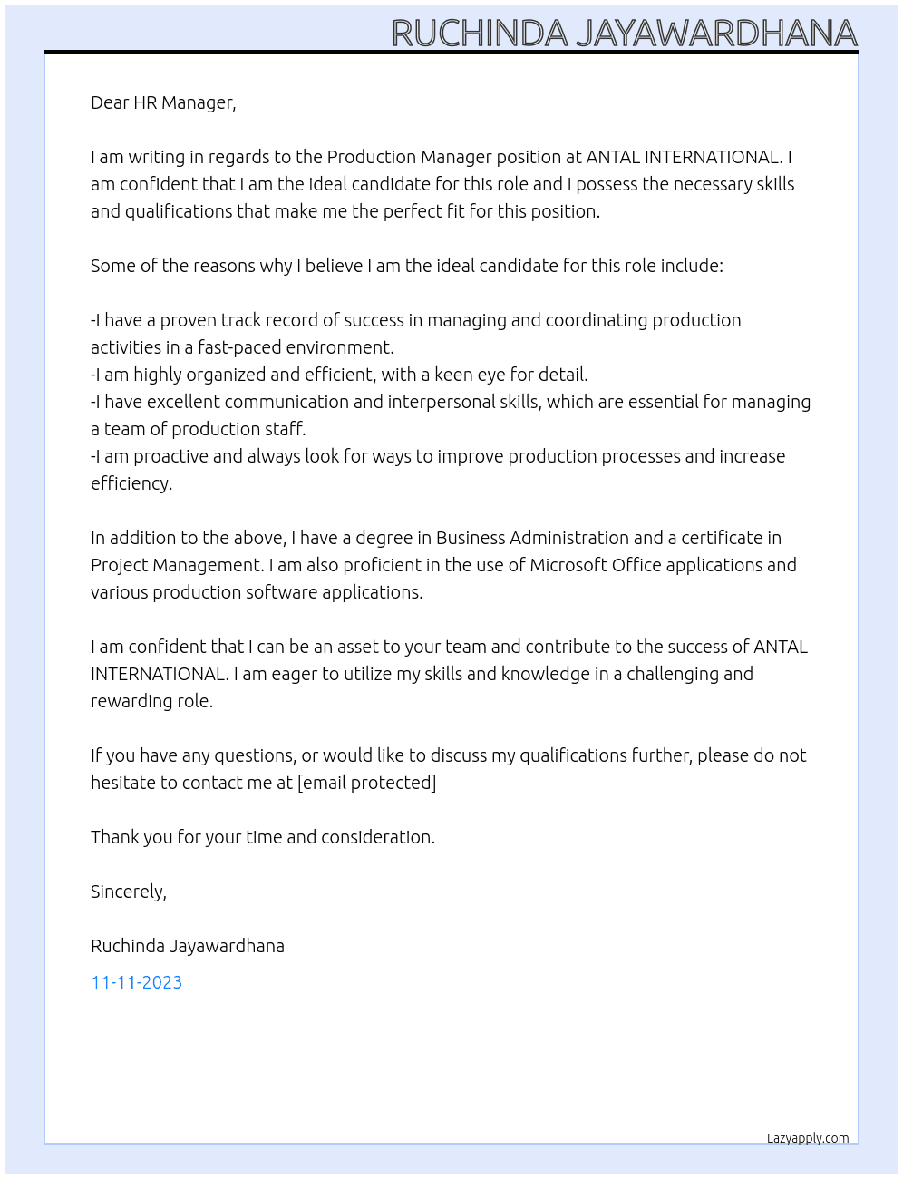 Production Manager  At ANTAL INTERNATIONAL Cover Letter