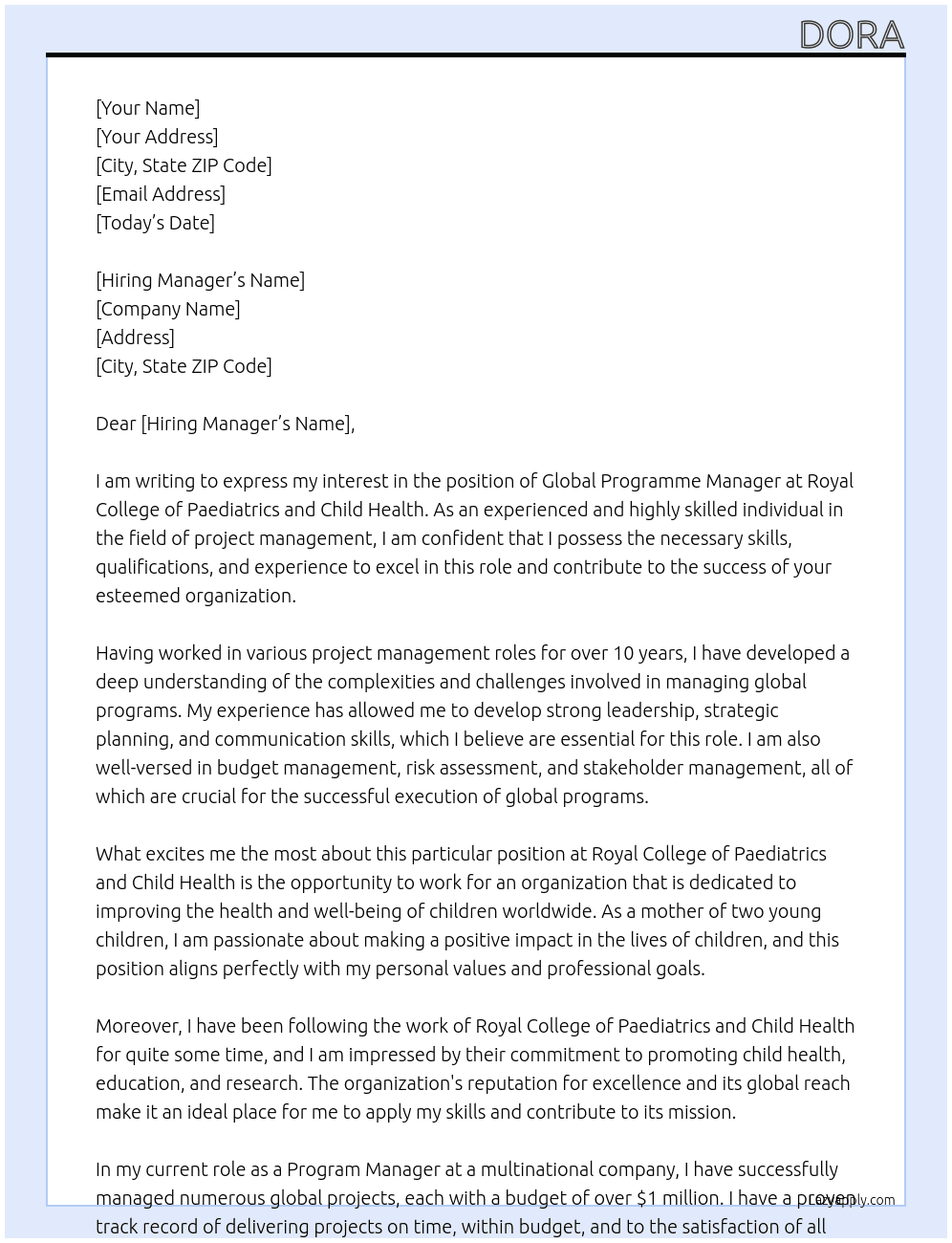 global programme manger At royal college paedictics and child health Cover Letter