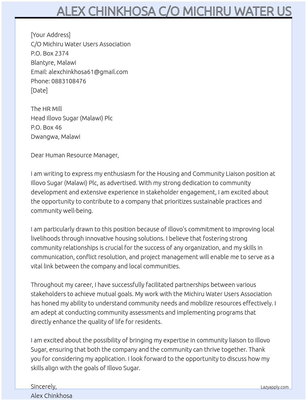 Cover letter for housing and community laison - LazyApply