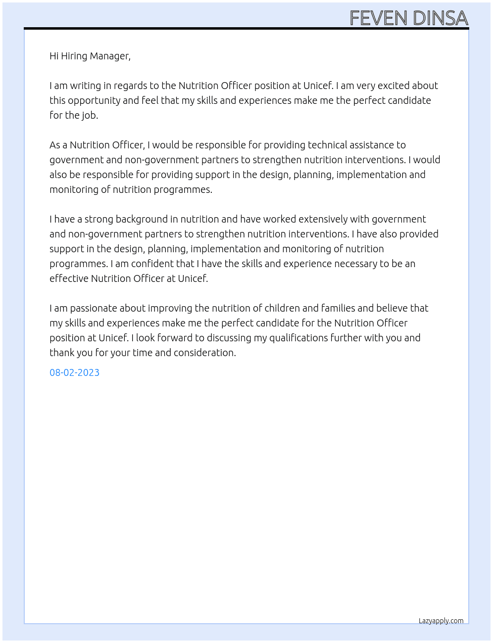 nutrition officer At Unicef Cover Letter
