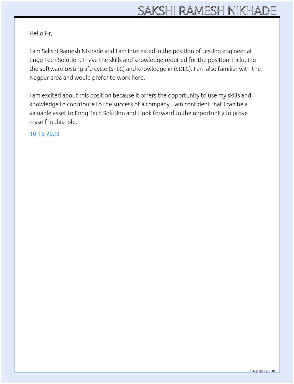 testing engineer At engg tech Solution Cover Letter