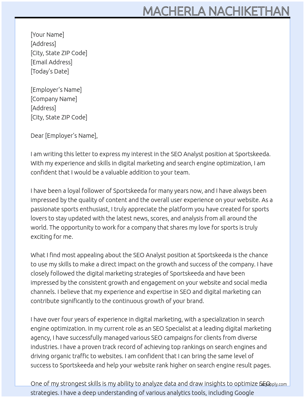 SEO Analyst At Sportskeeda Cover Letter