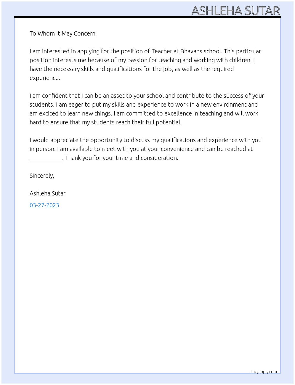 Teacher  At Bhavans school Cover Letter