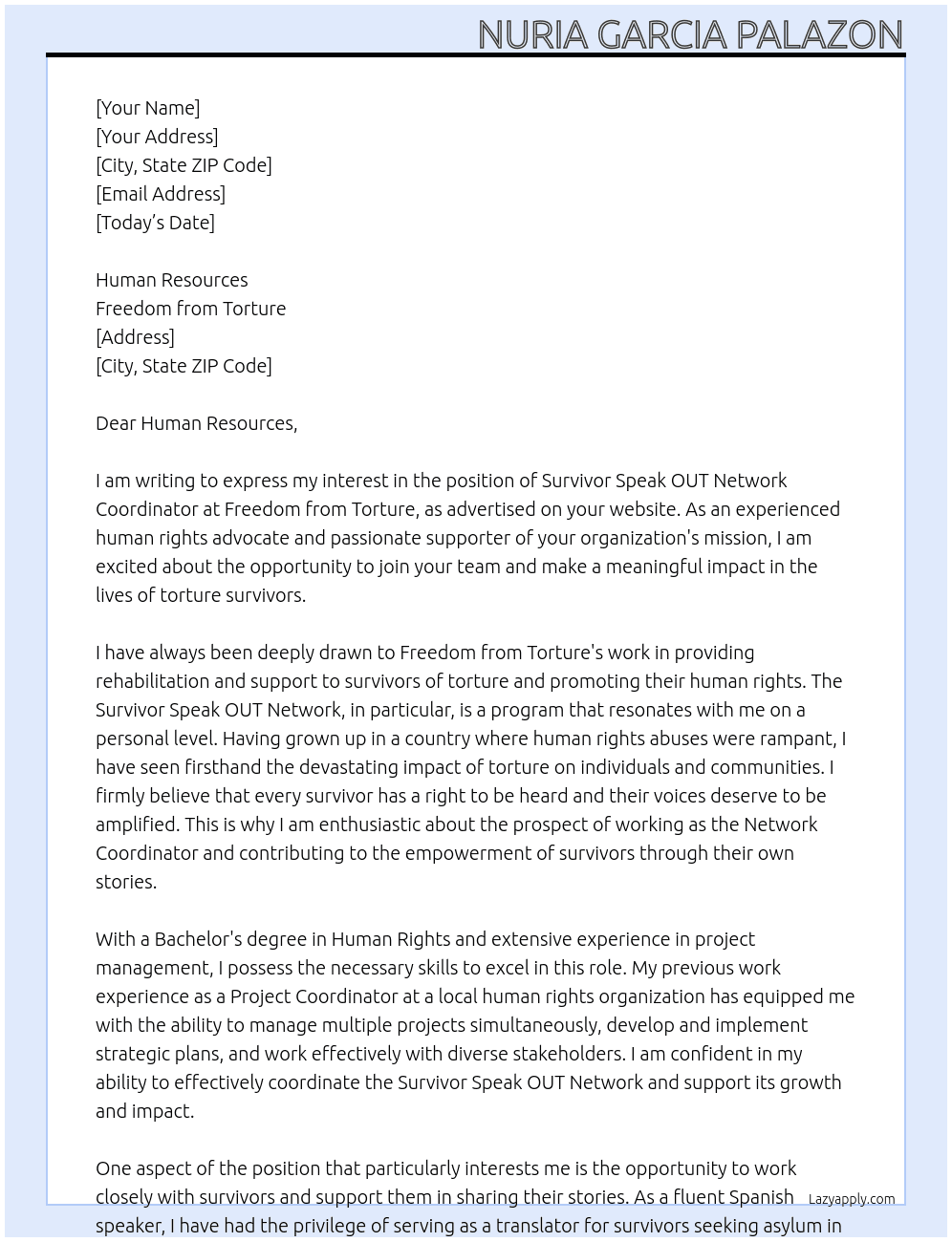 Survivor Speak OUT Network Coordinator At Freedom from Torture Cover Letter