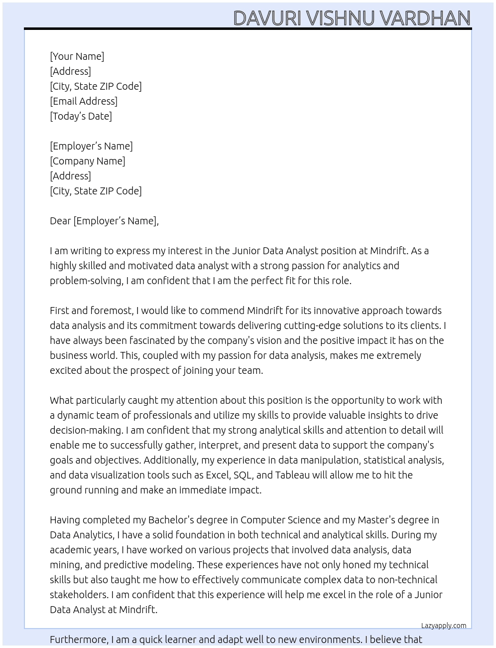  Junior Data Analyst At Mindrift Cover Letter