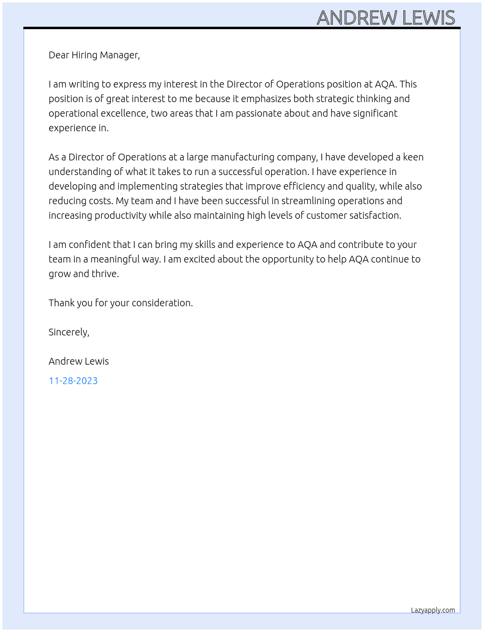 Director of Operations  At AQA Cover Letter