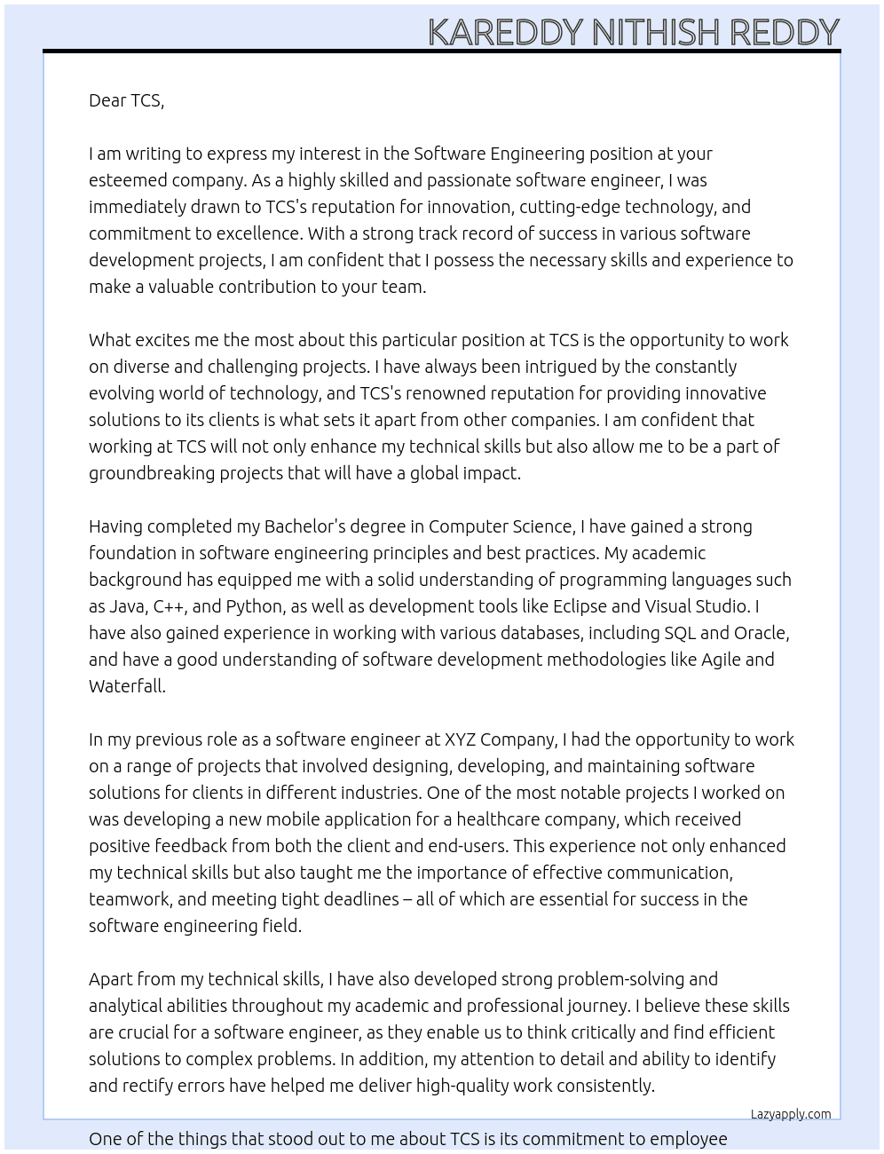 Software engineering At TCS Cover Letter