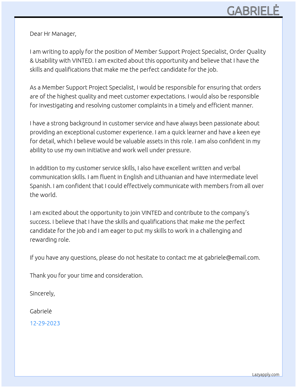 Member Support Project Specialist, Order Quality & Usability At VINTED Cover Letter