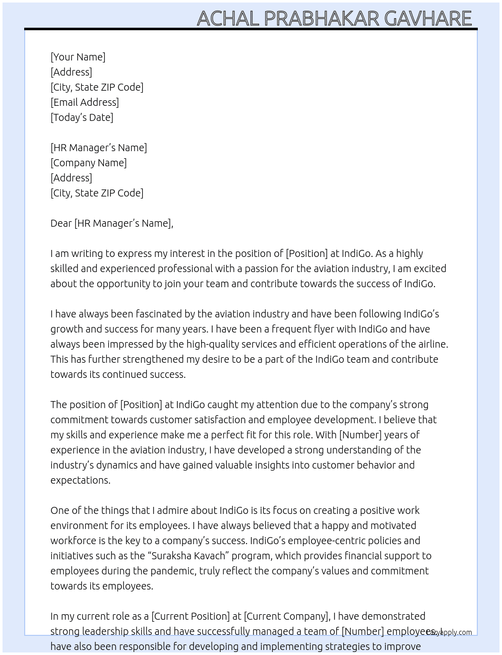 Cover letter for for indigo airlines - LazyApply