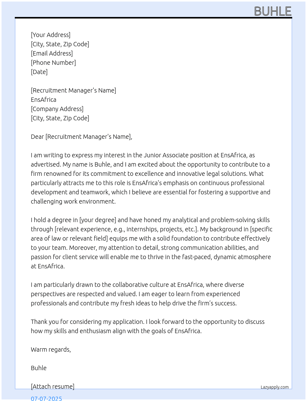 Junior associate At EnsAfrica Cover Letter