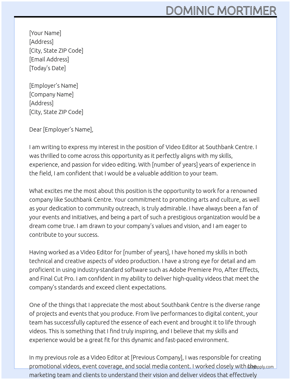 Video Editor At Southbank centre  Cover Letter