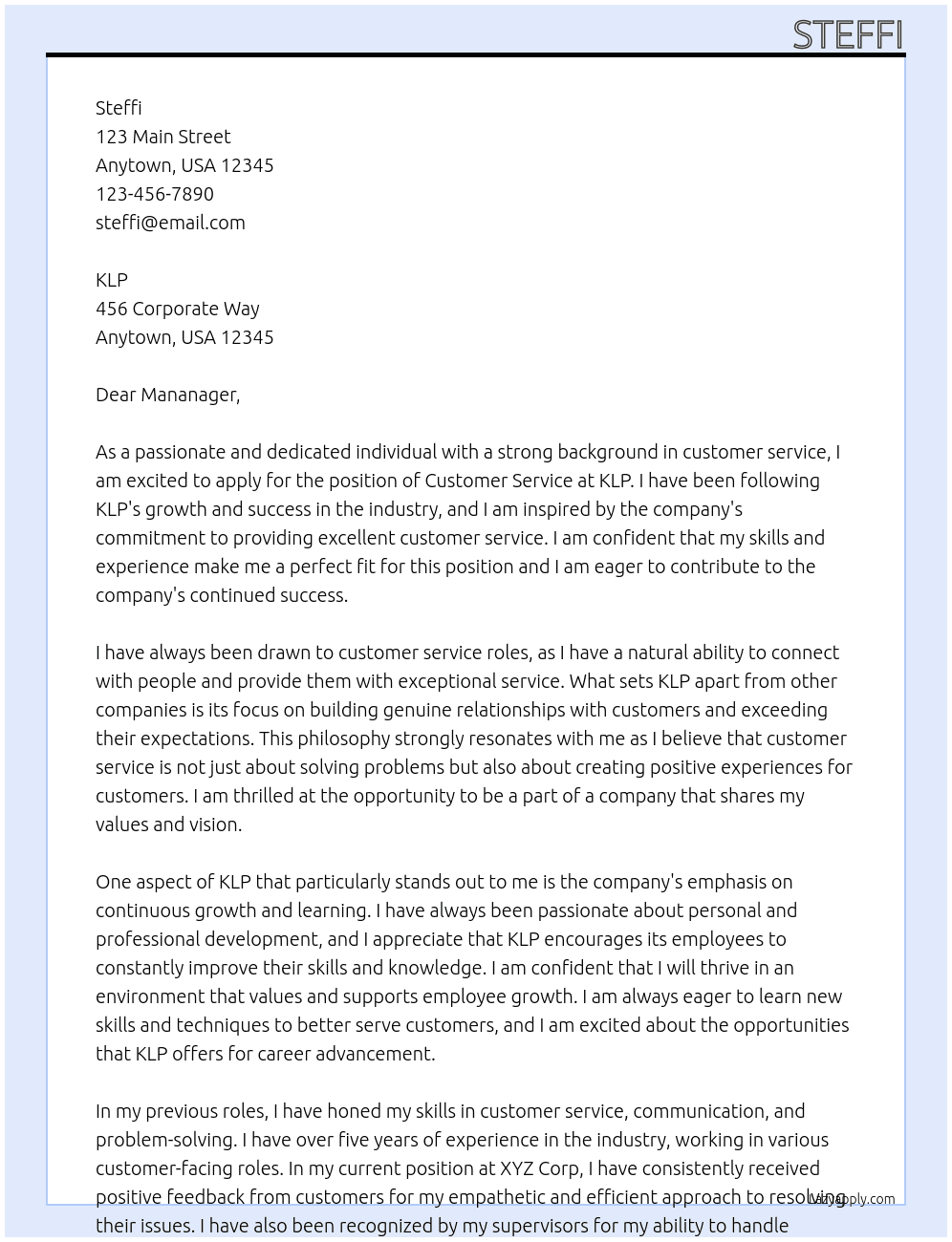 customer service At klp Cover Letter