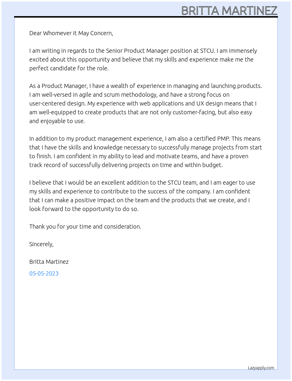 Senior Product Manager At STCU Cover Letter