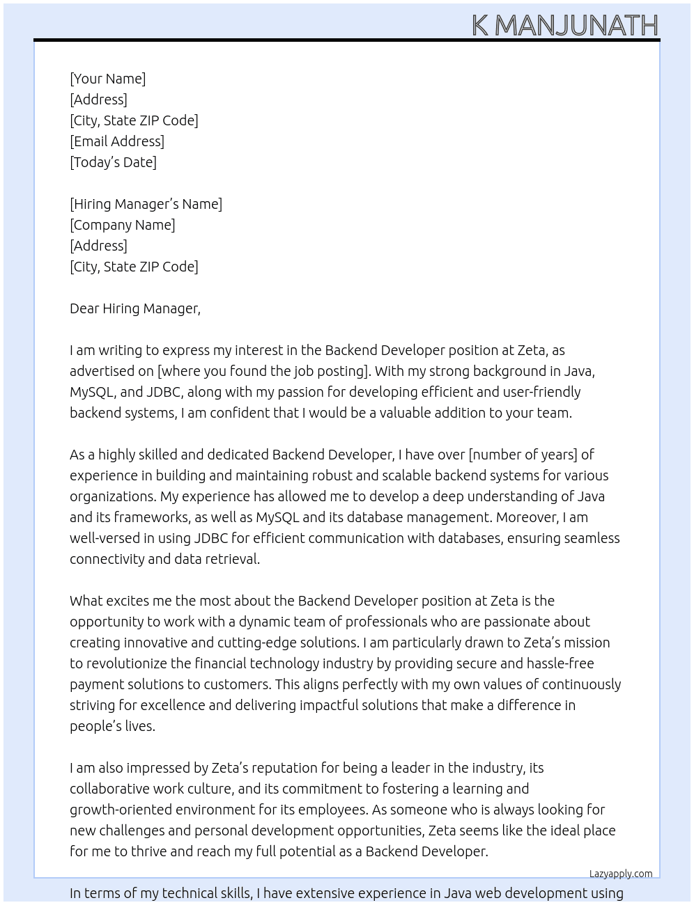 Backend Developer  At zeta Cover Letter