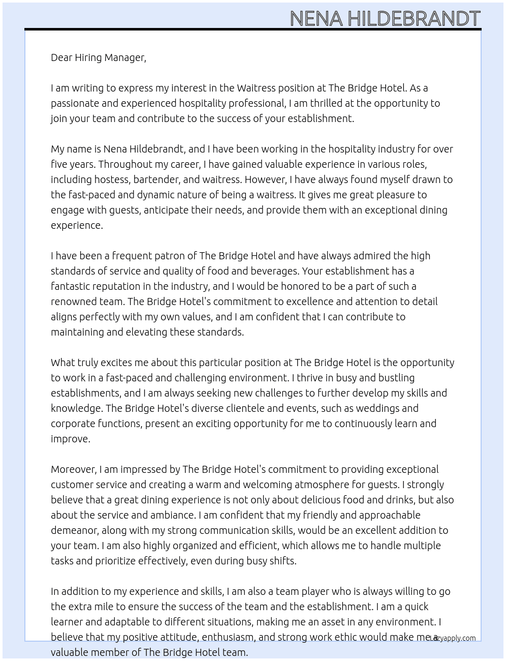 Waitress At The Bridge Hotel Cover Letter