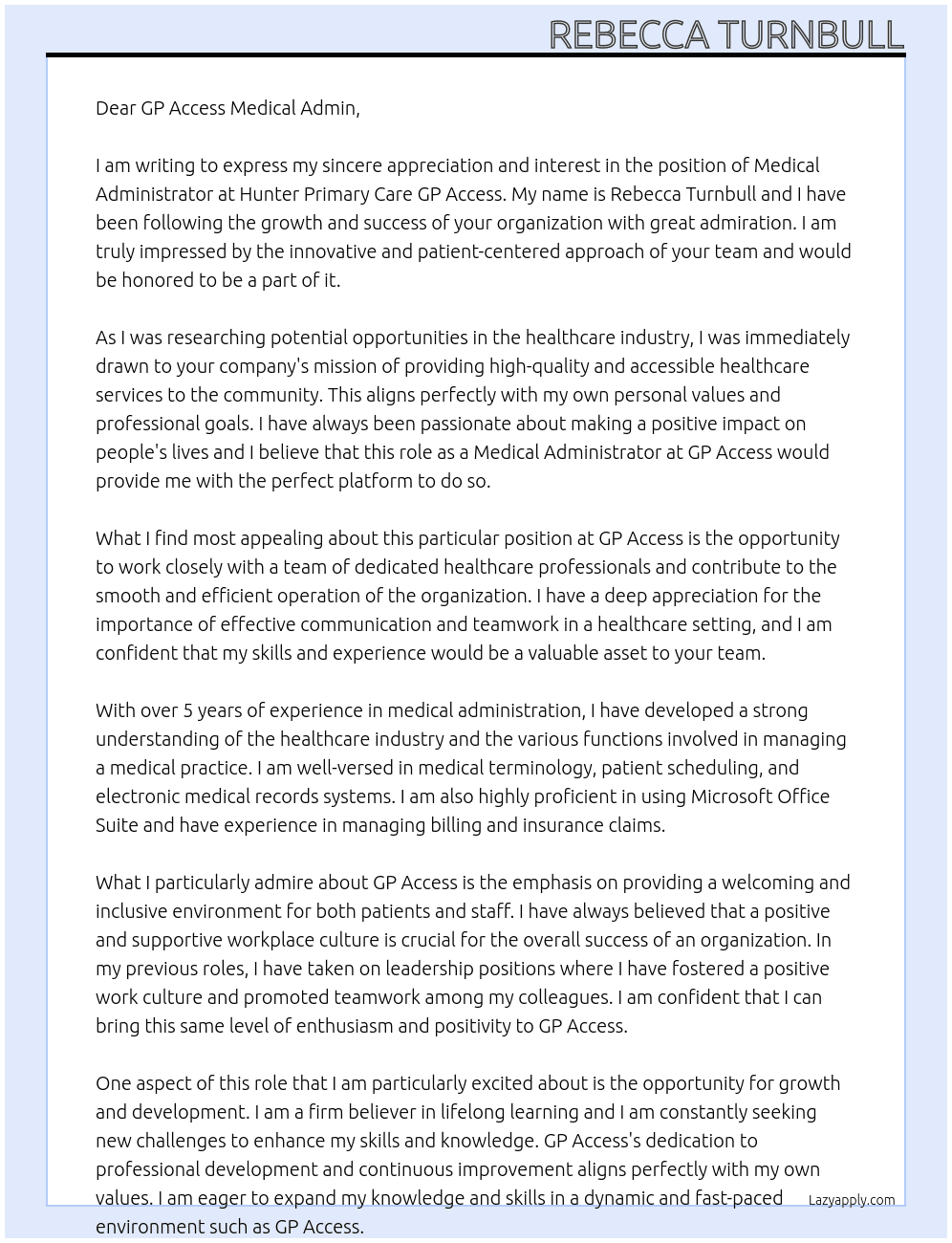 Medical Administrator At Hunter Primary Care GP Access Cover Letter