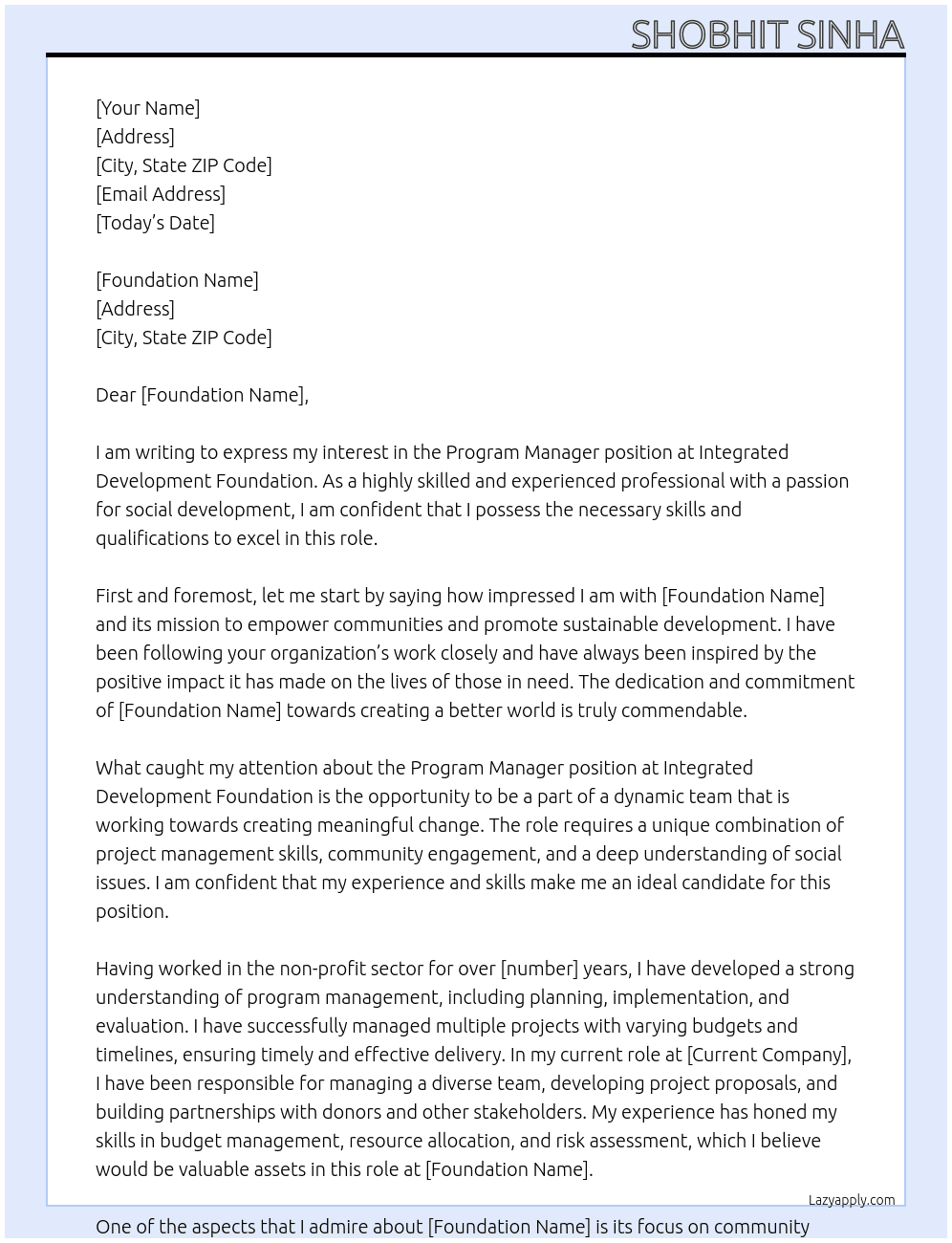 Program Manager At Integrated Development Foundation Cover Letter
