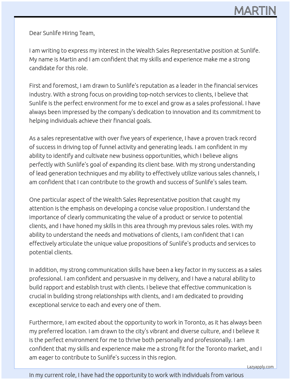 Wealth Sales Representative At Sunlife Cover Letter