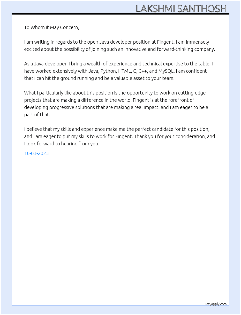 Java developer  At Fingent Cover Letter