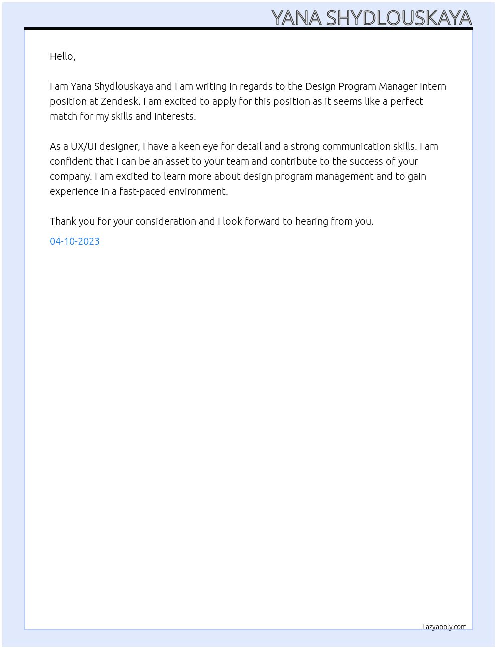 Design Program Manager Intern At Zendesk Cover Letter