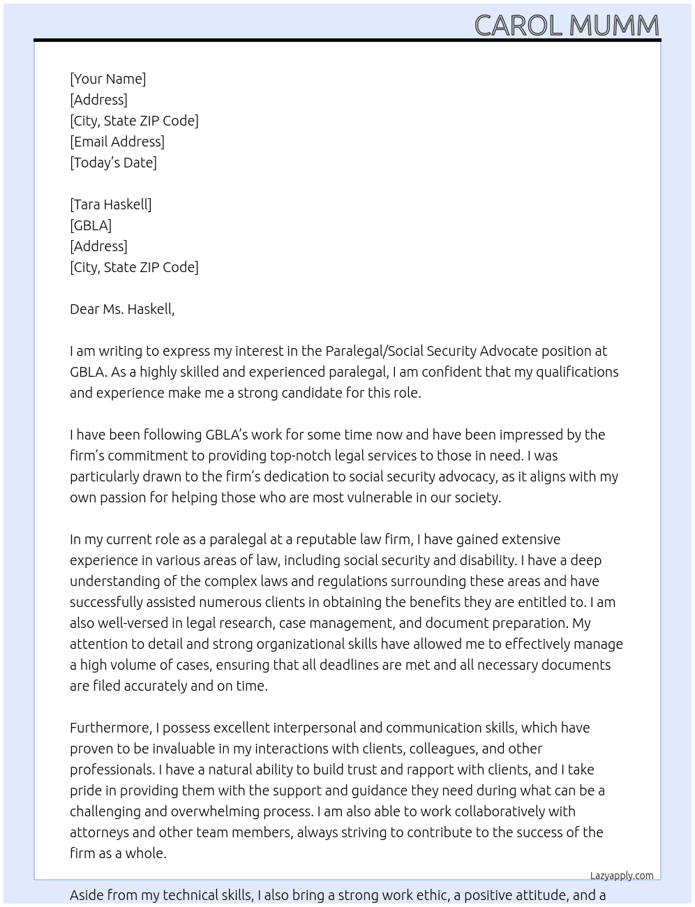 Paralegal/Social Security Advocate At GBLA Cover Letter