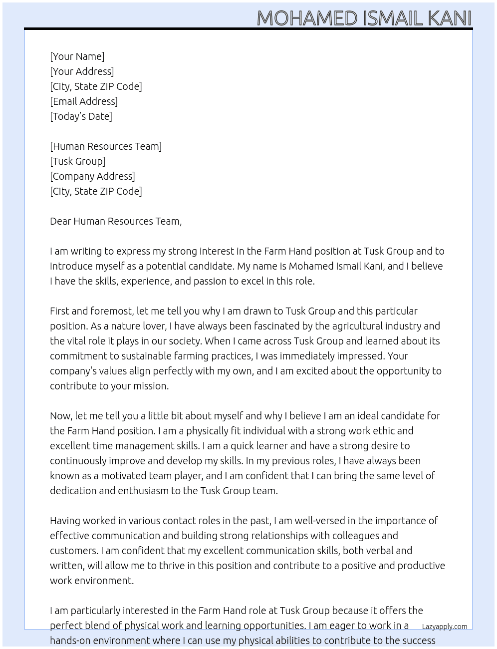 Farm hand  At Tusk group  Cover Letter