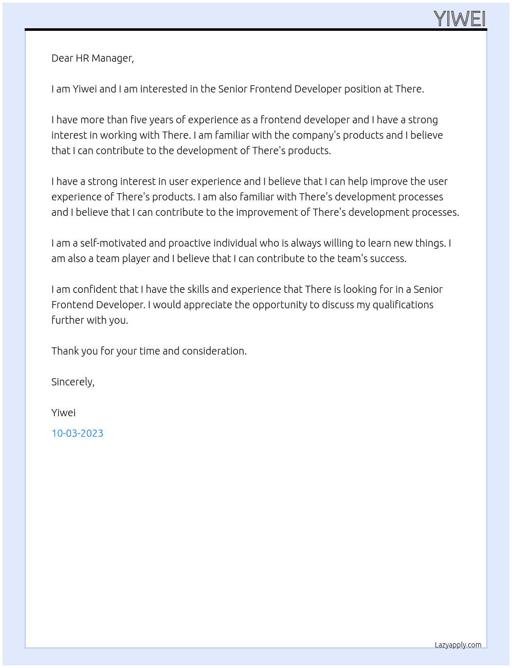 Senior Frontend Developer At there Cover Letter