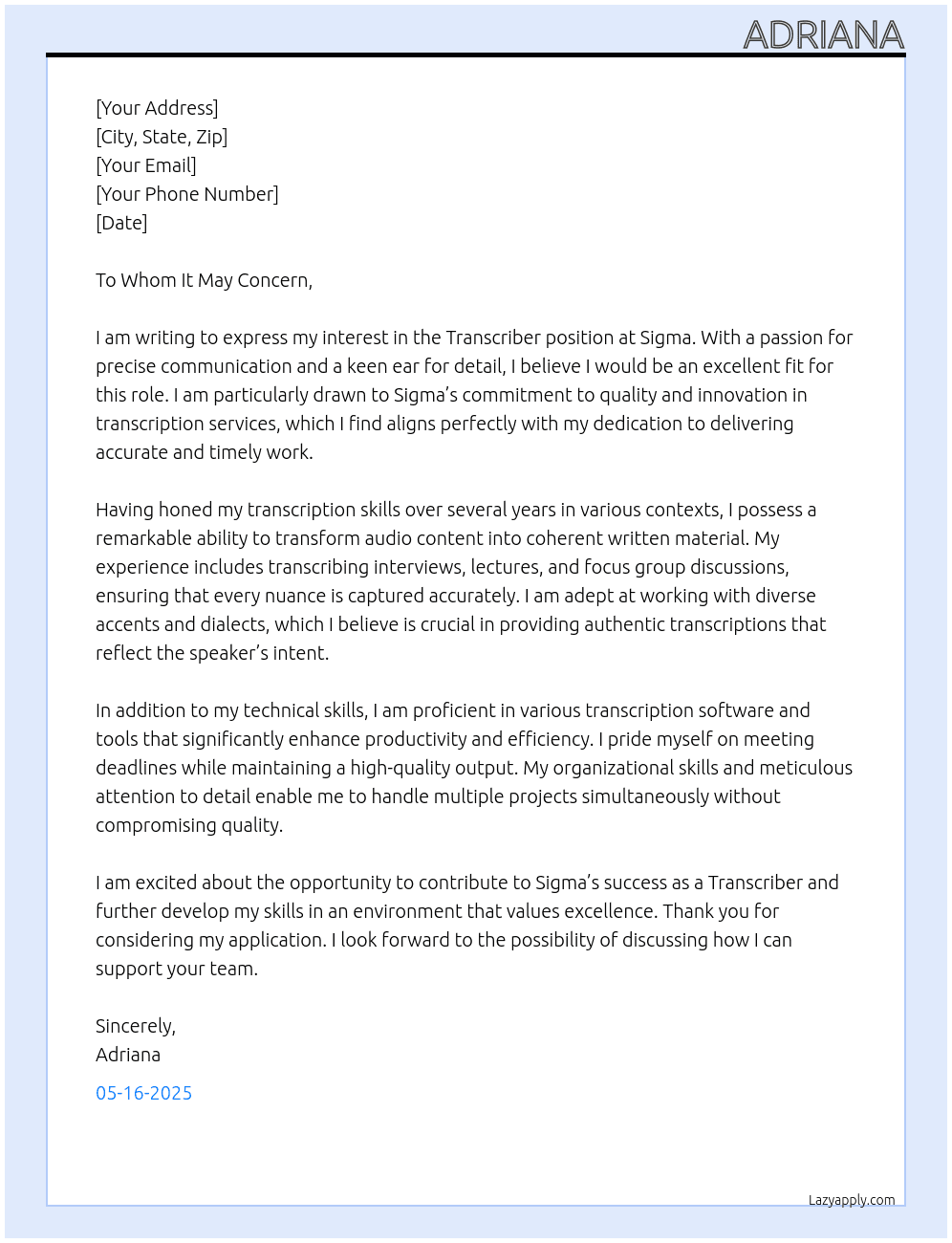 Transcriber At Sigma Cover Letter