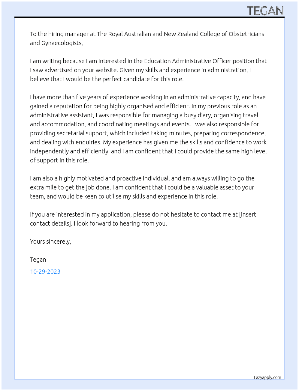 Education Administrative Officer At The Royal Australian and New Zealand College of Obstetricians and Gynaecologists Cover Letter