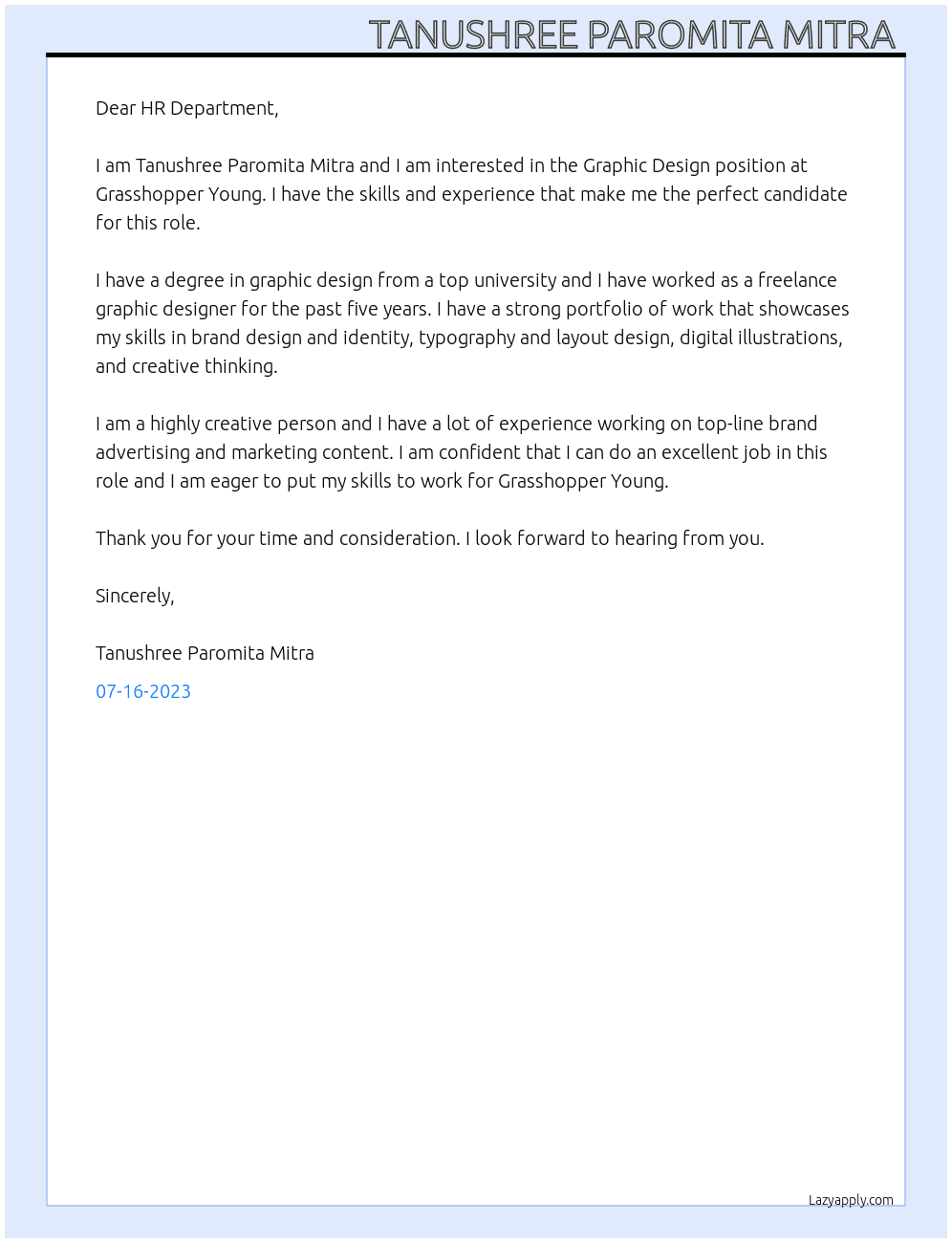 Graphic Design At Grasshopper Young Cover Letter
