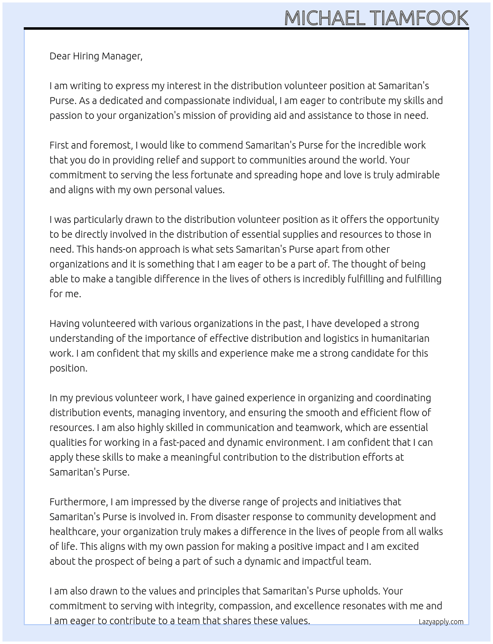 distribution volunteer At samaritain purse Cover Letter
