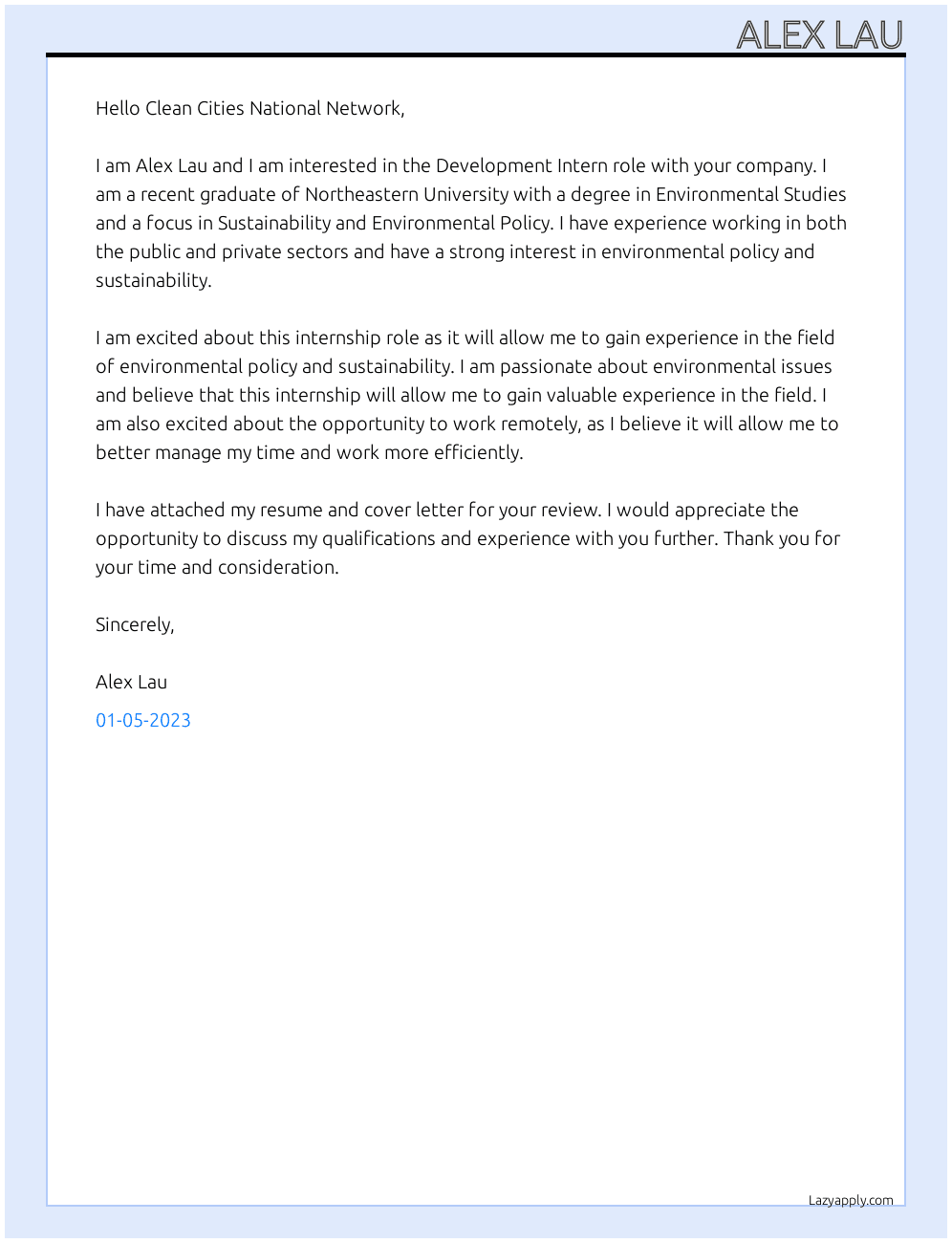 Development Intern At The Clean Cities National Network Cover Letter