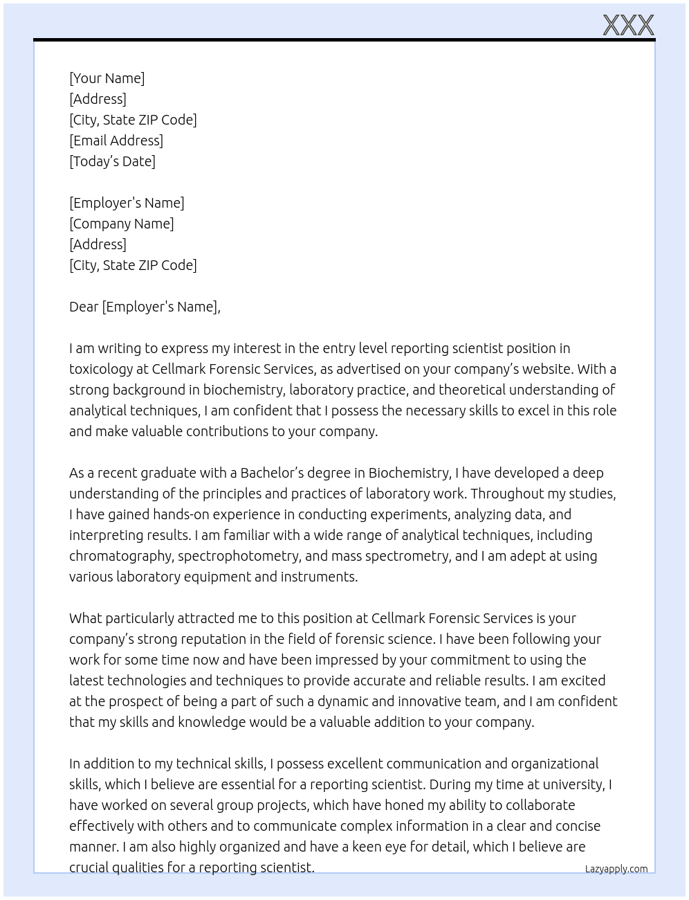 entry level reporting scientist in toxicology At cellmark forensic services Cover Letter