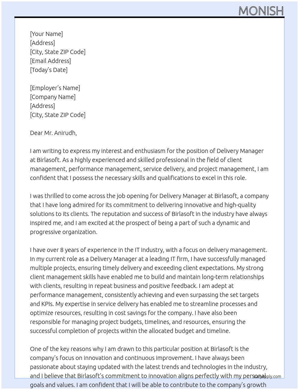 Delivery Manager At Birlasoft Cover Letter