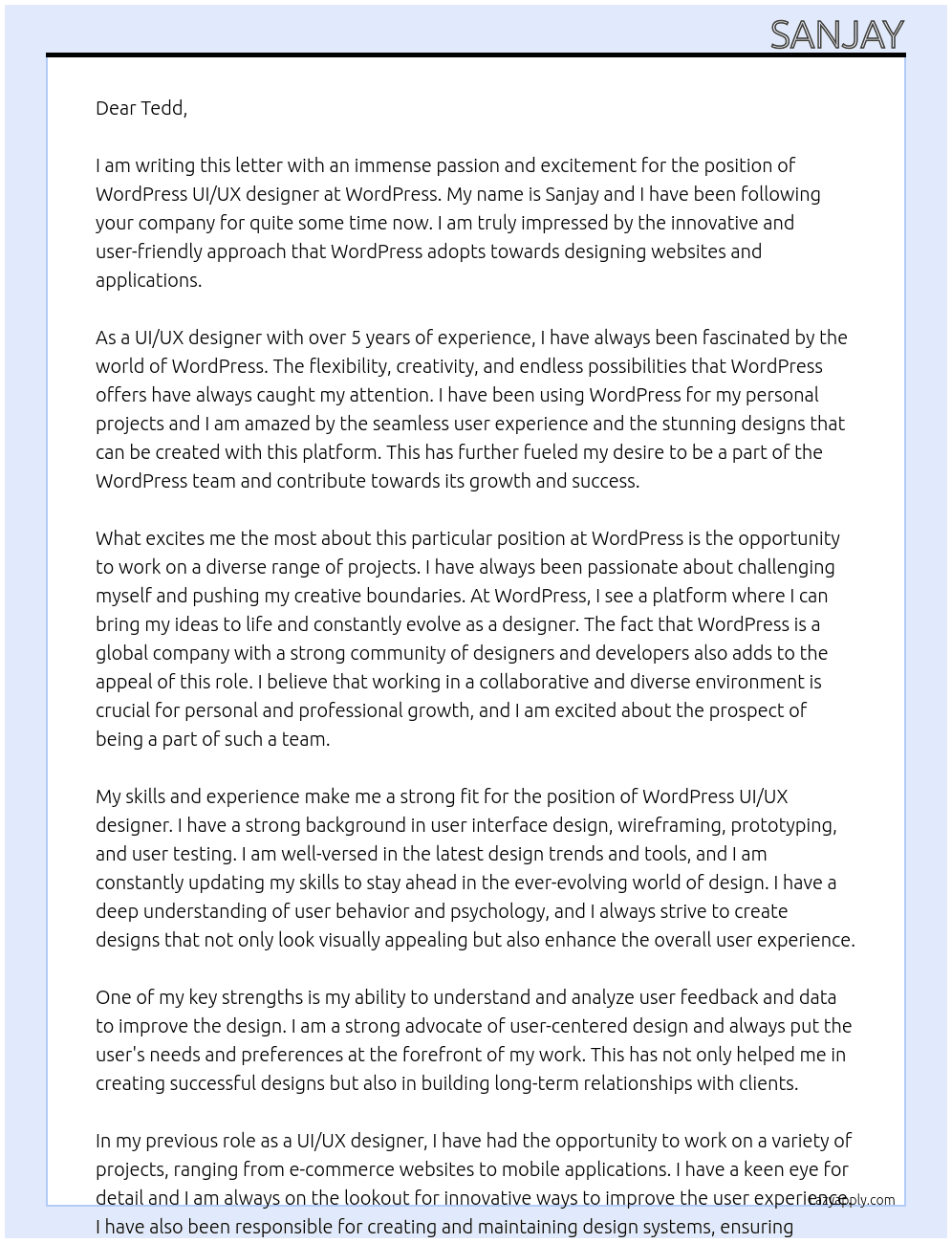WordPress UI/UX designer At WordPress Cover Letter