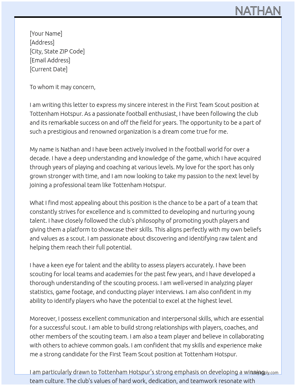 First Team Scout At Tottenham Hotspur Cover Letter