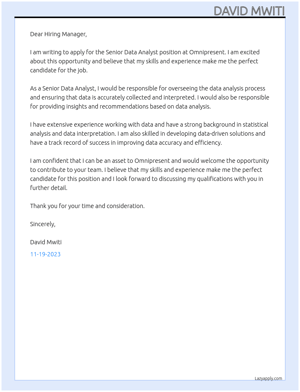 Senior Data Analyst At Omnipresent Cover Letter