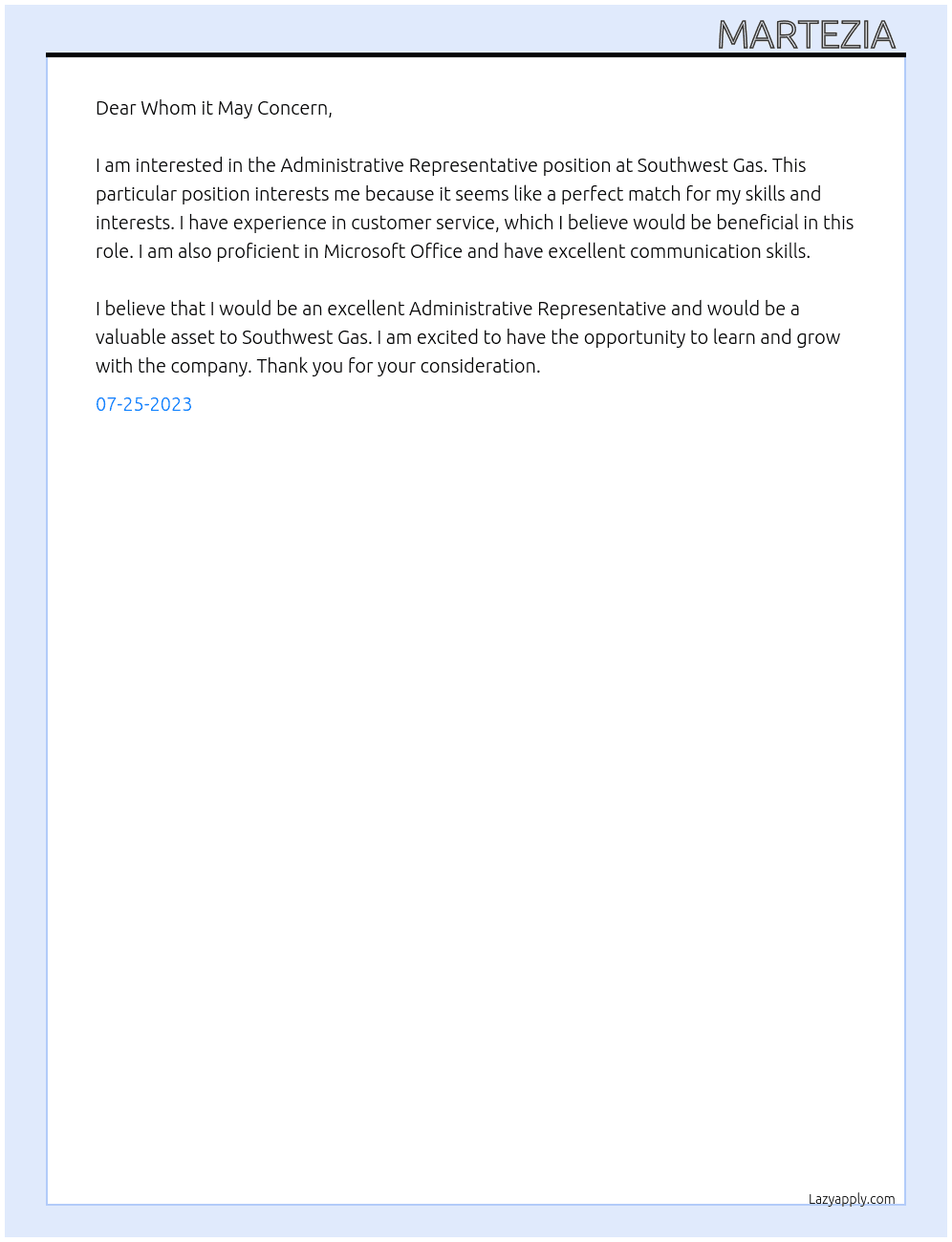 Administrative Representative  At Southwesr Gas  Cover Letter