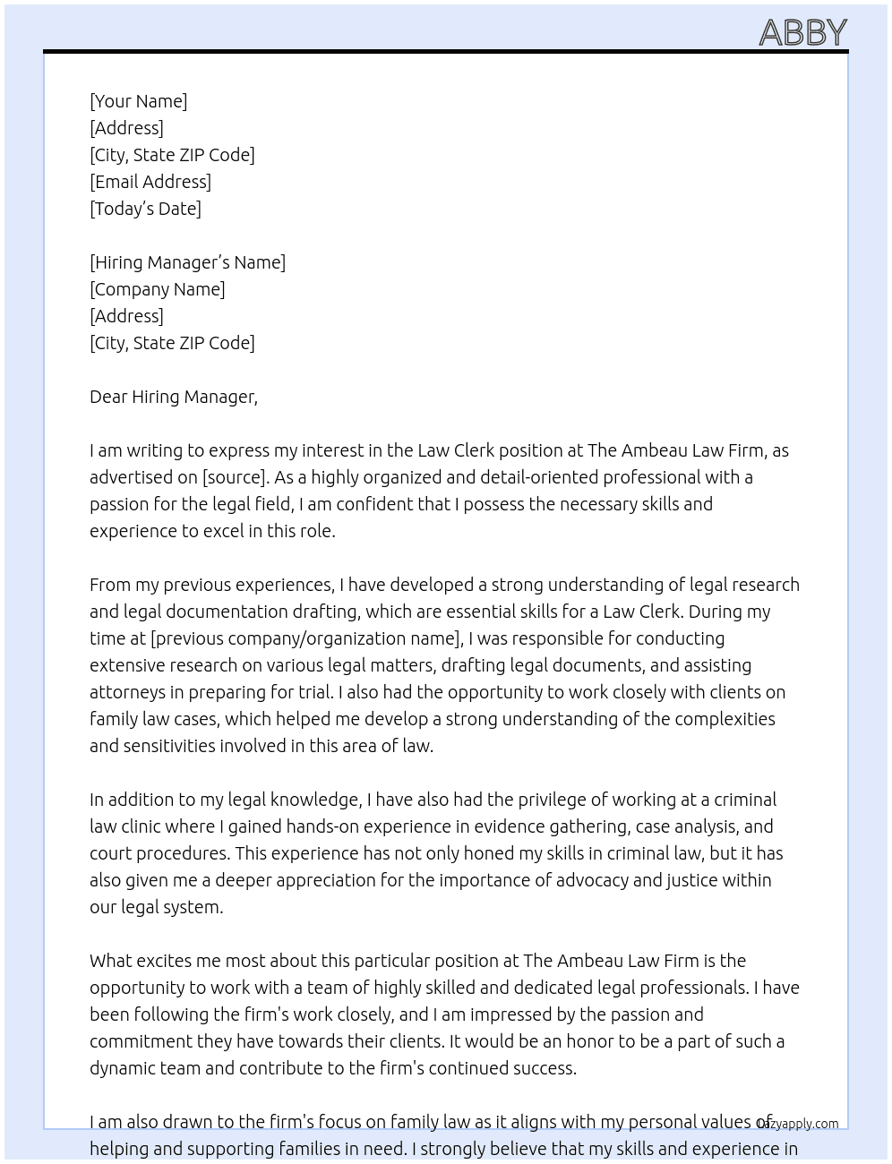 Law Clerk At The Ambeau Law Firm Cover Letter