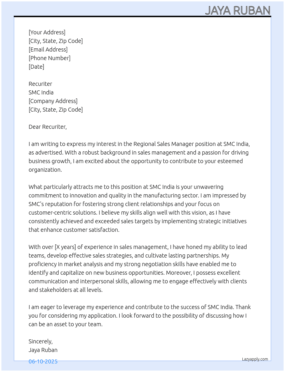 Regional Sales Manager At SMC India Cover Letter