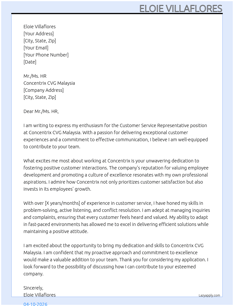 Customer Service Representative At Concentrix CVG malaysia Cover Letter