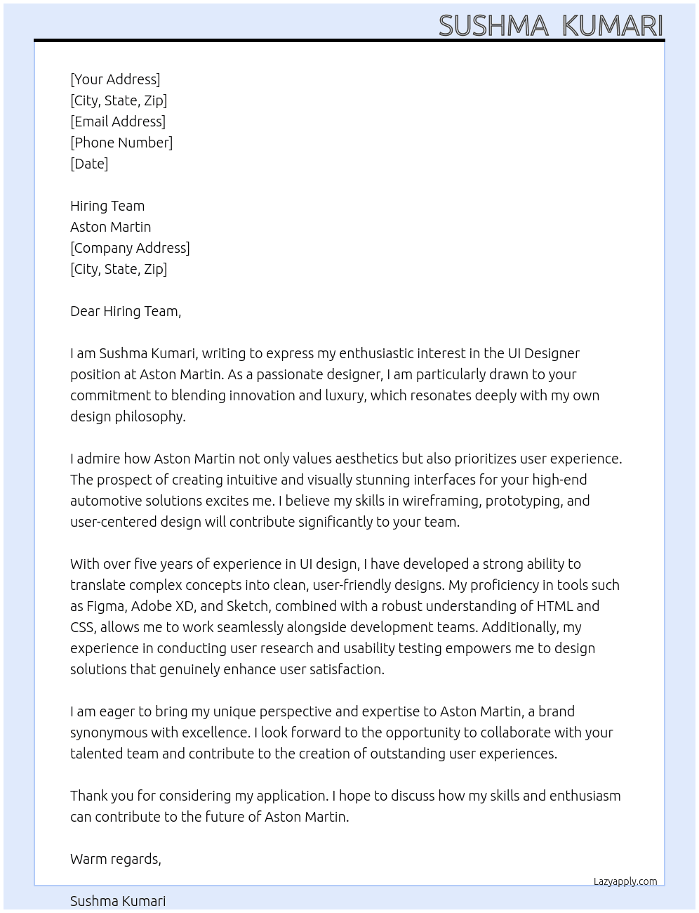 ui designer At auston martin Cover Letter