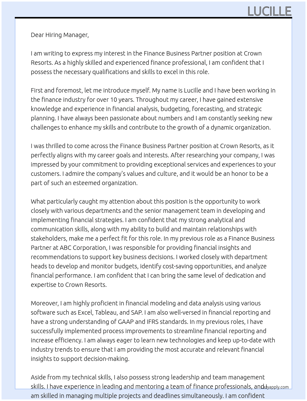 Finace Business Partner At Crown Resorts Cover Letter